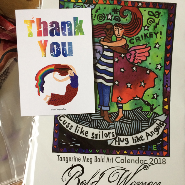 Thank You card on a pile of Bold Women art calendars amidst being wrapped in bubble wrap