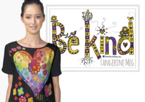 Woman in Marriage Equality top beside a poster of a marker drawing with patterned yellow and purple lettering spelling out "Be Kind"