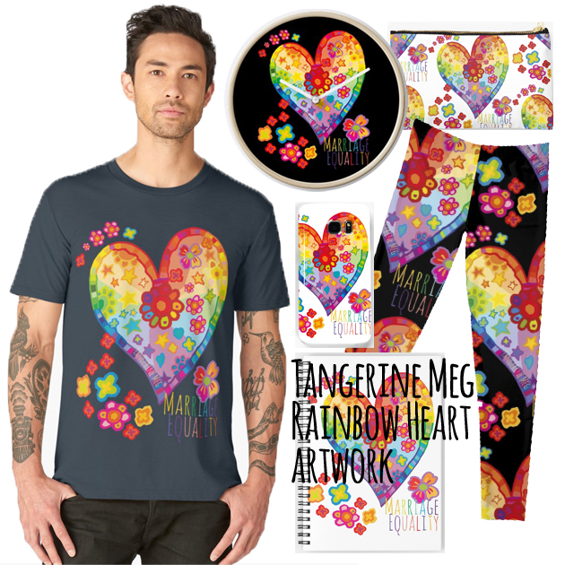 Items with rainbow heart Marriage Equality artwork by Tangerine Meg. Items are tshirt, mobile phone case, spiral bound journal, leggings a clock and a studio pouch.