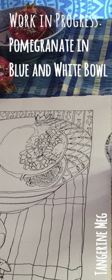 Pomegranate still life in progress, with checked cloth and blue and white bowl