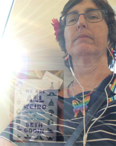 me on the train with the sunshine behind me, overlaid with seth godin book entitled "we are all weird"