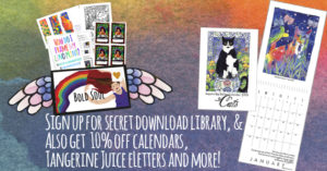 watercolour background with cat calendar cover and January page, and tiny pictures of all the tangerine Treasury download items