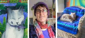 triptych of a cat painting of Lewis Coats, a photograph of Tangerine Meg and an orange cat on a big chair photo