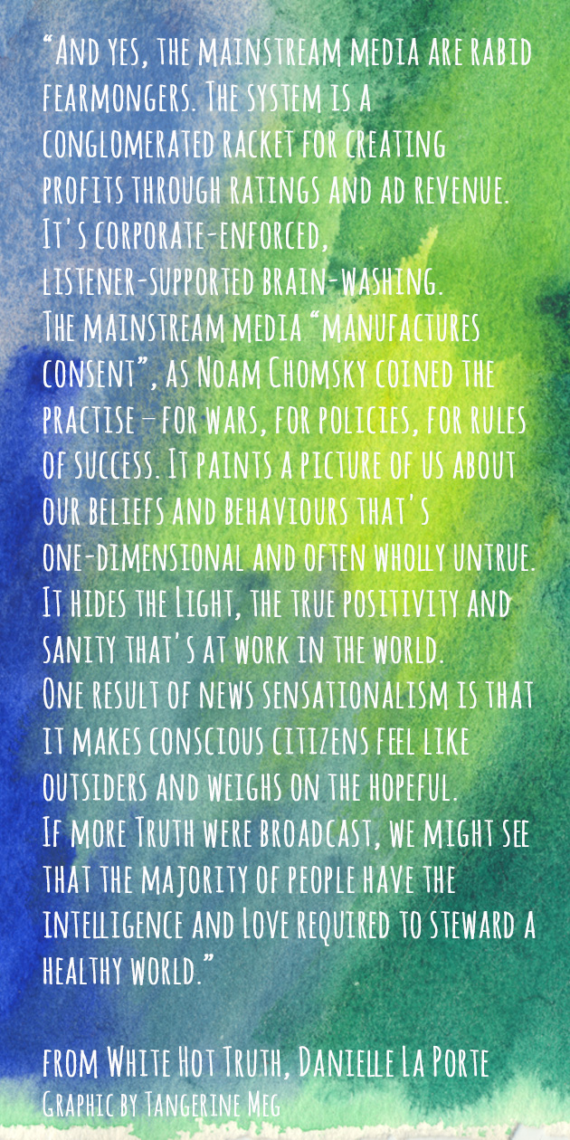 Watercolour blues and greens background, with white print in hand-written looking font with a paragraph from White Hot Truth.