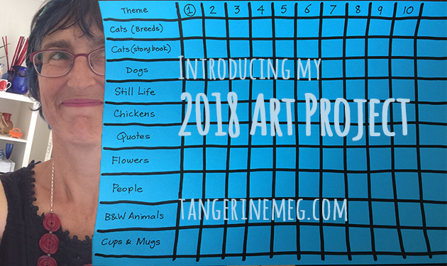 Tangerine Meg looking towards a blue page with chart of an art project drawn up in black marker lines and writing