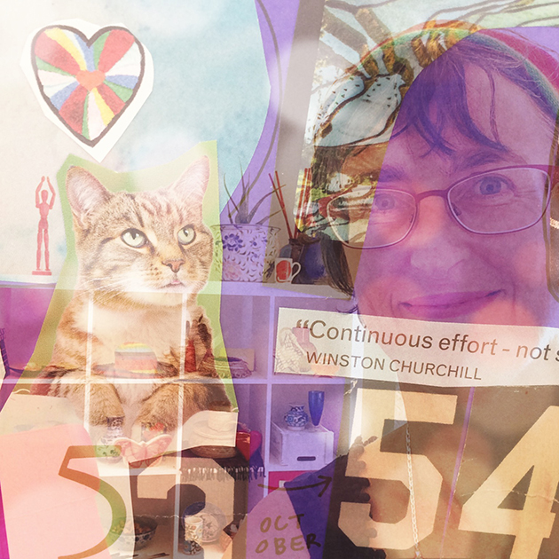 Photo collage including: Tangerine Meg's smiling face, a cat, the numbers 53 and 54, and a radial decorated heart.