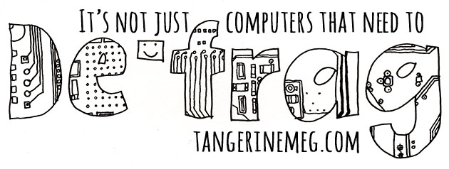 "It's not just computers that need to de-frag" written in handwriting like font, and the word "Defrag" is illustrated with computer mother board like patterns.