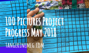 At left is a pristine chart on blue paper with a 10 x 10 grid of themes down the left hand side and numbered 1 to 10 across the top, at right a hand holds the same chart months later with many ticky boxes filled in!
