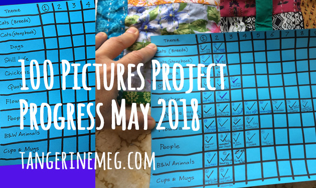At left is a pristine chart on blue paper with a 10 x 10 grid of themes down the left hand side and numbered 1 to 10 across the top, at right a hand holds the same chart months later with many ticky boxes filled in!