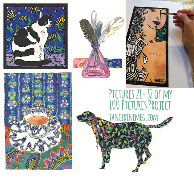 Collage of 5 artworks for header of 21-32 work in progress blog post of 100 Pictures Project