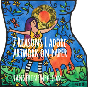 Handcoloured lino print of a joyous woman under the sun with her cat, overlaid with type reading “7 Reasons I Adore Artwork on Paper”
