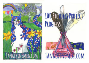 at left a blue and white almond blossom cat and at right 5 feathers in a pink glass bottle