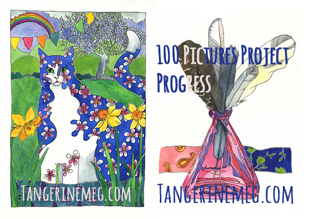 at left an almond blossom cat and at right is a pink bottle with 5 feathers, all done in pen and watercolour
