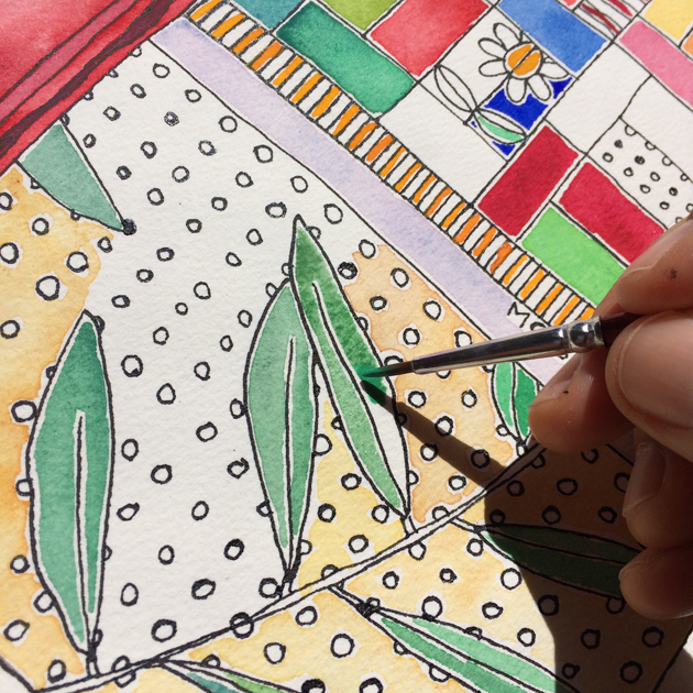 Work in progress on an artwork on paper . Hand shown painting bottlebrush leaves.
