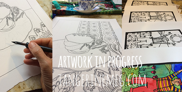 Artwork in progress, with detailed cup and saucer drawing in progress, and at right, a lino print of joy in the sunshine