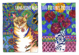 2 artist pictures. The left a tabby cat with patterned background; the right a blue and white vase holding zinnia flowers.