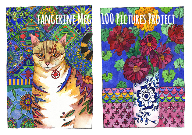 2 artist pictures. The left a tabby cat with patterned background; the right a blue and white vase holding zinnia flowers.