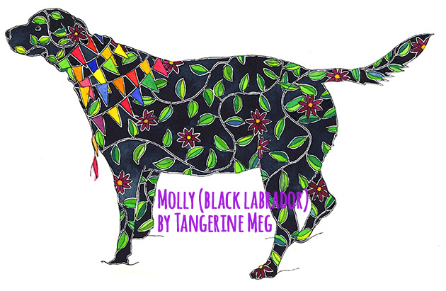 Painting of a black labrador decorated with leaves and flowers and bunting - art by Tangerine Meg