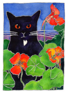 black cat with nasturtiums painted by tangerine meg