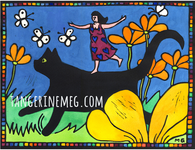 lino print of woman in a heart patterned dress joyfully riding on a black cat amongst and flower and butterfly studded garden