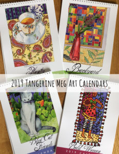4 2019 calendars laid out on wood panel background, the themes are cats, still life, bold women and backyard.