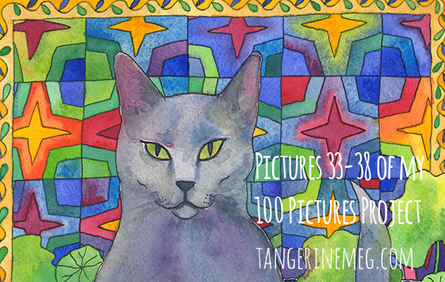 100 Pictures Art Project header image with silvery blue intent cat on a vibrant patchwork quilt background