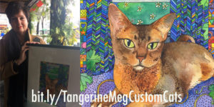 Happy customer photo with framed Custom Cat (at left) and close up of the Custom Cat painting (at right)
