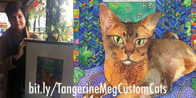 Happy customer photo with framed Custom Cat (at left) and close up of the Custom Cat painting (at right)