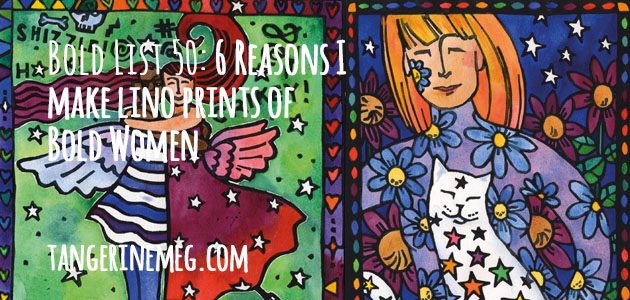 Two lino prints as a backdrop for title wording of a blog post. The left lino print has two friends hugging. The right print is a woman with a cat, in a garden, with a starry sky