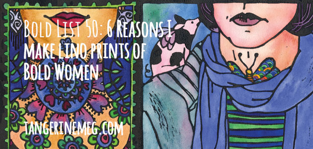 Two lino prints as a backdrop for title wording. The left lino print has a woman with a purple and blue mandala on her neck, and colourful clothing. The right print is a woman with a winged pig on her shoulder.