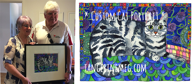 Happy cat owners taking delivery of their custom cat portrait