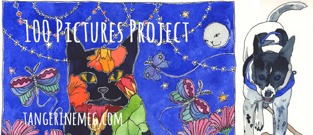 Project in progress image, with black cat under a night sky at left, and painted happy dog at right; overlaid with text reading “100 Pictures Project” and the URL tangerinemeg.com