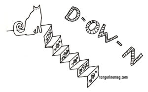 cat at top of stairs saying DOWN