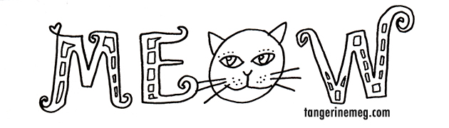 hand lettering black on white saying MEOW, with a cat head for the O