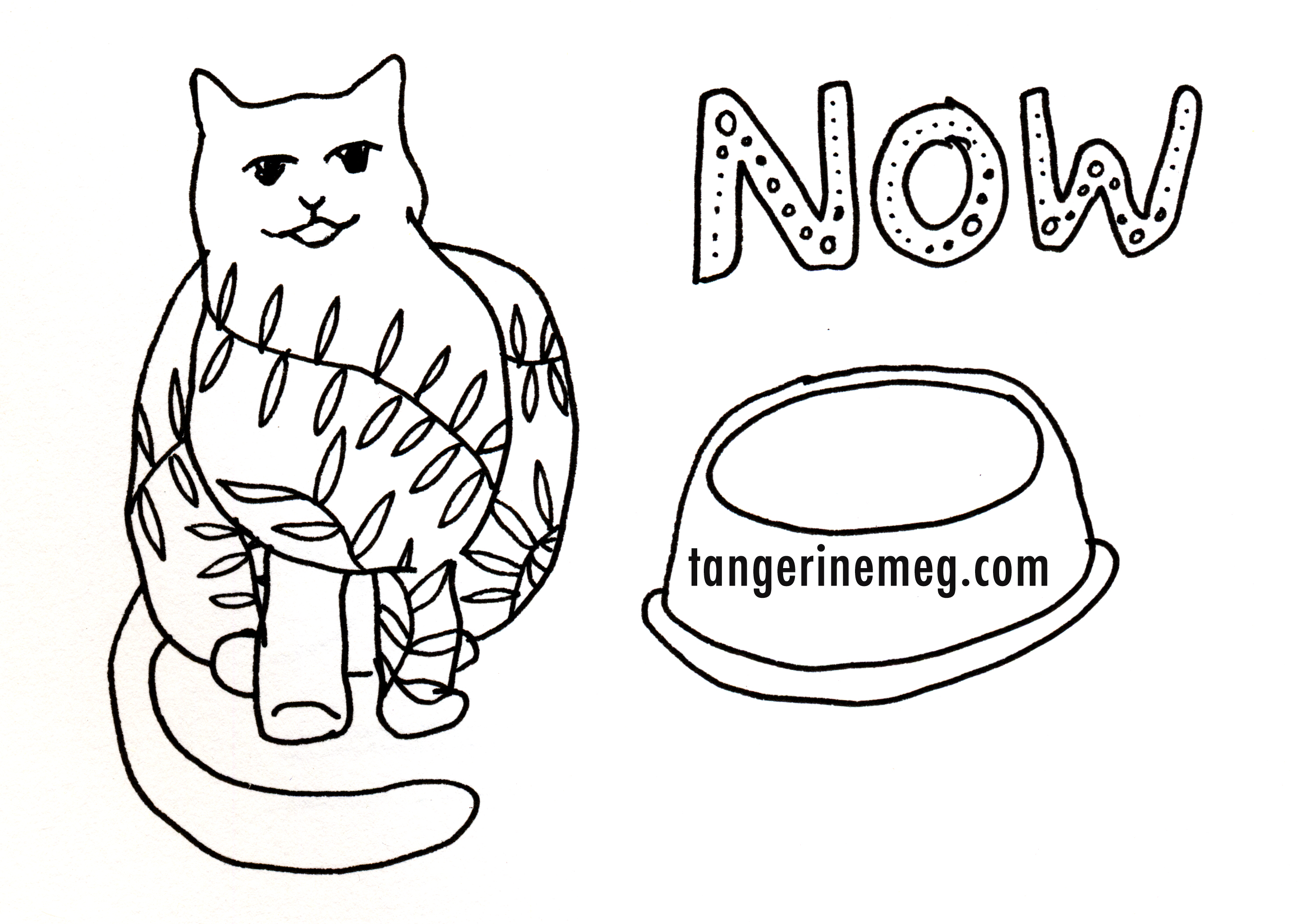 pen drawing on white background of a vine-decorated cat sitting beside and empty cat food bowl