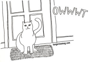 cat by door drawing, asking to go OWWT