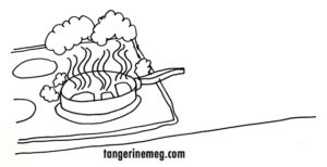 pen drawing of a frying pan with food burning