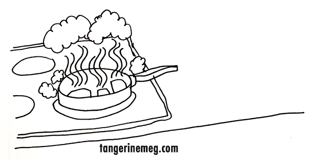 pen drawing of a frying pan with food burning
