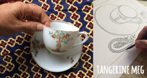 Hand holding tea cup with patterned fabric cloth. Right hand side image is beginnings of drawing the cup