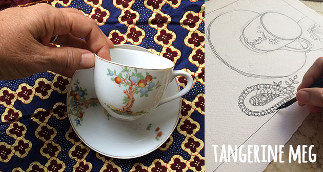 Hand holding tea cup with patterned fabric cloth. Right hand side image is beginnings of drawing the cup