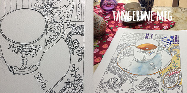 on the left, a line drawing of a cup and saucer with patterned background. On the right, the same drawing with painting started and some of the items on the table behind the painting in progress