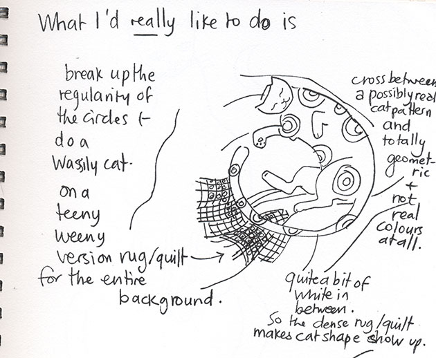 Snippet from Tangerine Meg's sketch book. Black and white lettering and a drawing of a resting cat with fabric folds beneath it. The hand-lettering is a self-discussion of the building of a cat painting composition with circles as a motif.