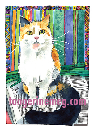 Watercolour Portrait of a ginger black and white kitty, seated on a newspaper, with green beans laid out behind her. background is stripes and there’s a decorated border at the top